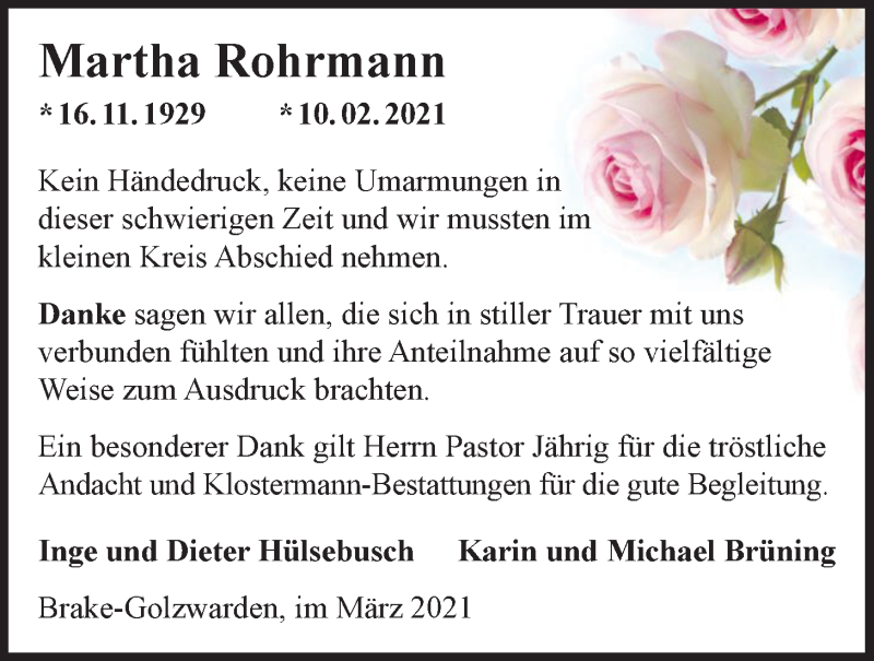  Traueranzeige für Marta Rohrmann vom 12.03.2021 aus Nordwest-Zeitung