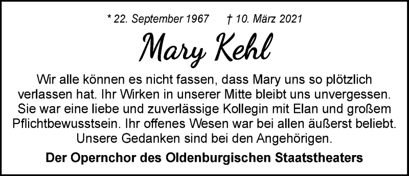  Traueranzeige für Mary Kehl vom 20.03.2021 aus Nordwest-Zeitung