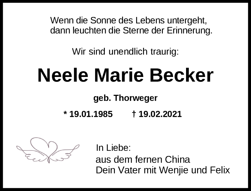  Traueranzeige für Neele Marie Becker vom 03.03.2021 aus Nordwest-Zeitung