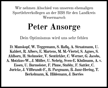 Traueranzeige von Peter Ansorge von Nordwest-Zeitung