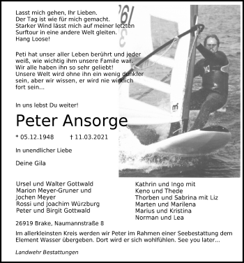 Traueranzeige von Peter Ansorge von Nordwest-Zeitung
