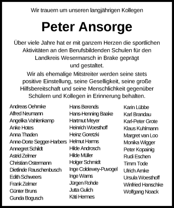 Traueranzeige von Peter Ansorge von Nordwest-Zeitung