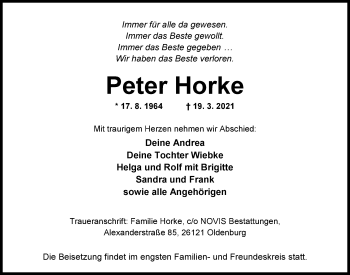 Traueranzeige von Peter Horke von Nordwest-Zeitung