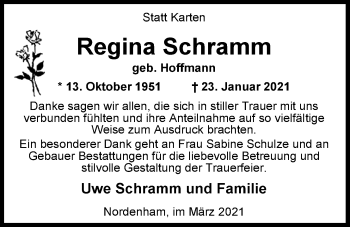 Traueranzeige von Regina Schramm von Nordwest-Zeitung