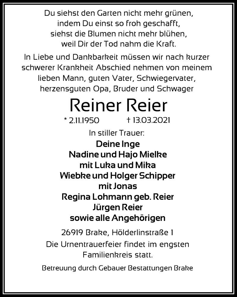  Traueranzeige für Reiner Reier vom 18.03.2021 aus Nordwest-Zeitung