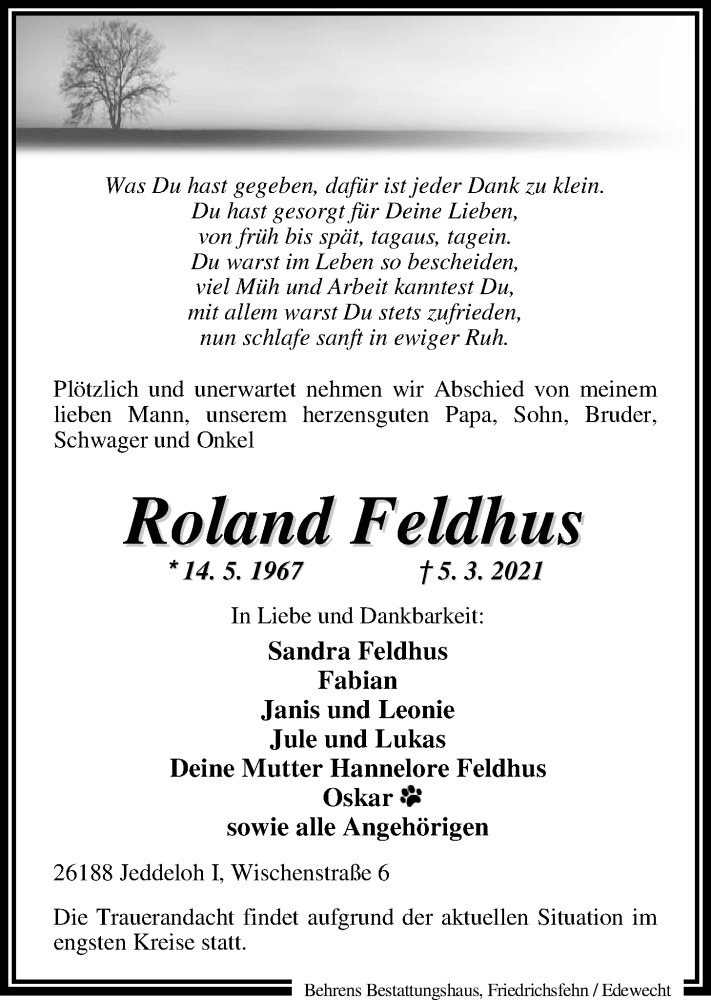  Traueranzeige für Roland Feldhus vom 09.03.2021 aus Nordwest-Zeitung