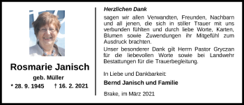 Traueranzeige von Rosmarie Janisch von Nordwest-Zeitung