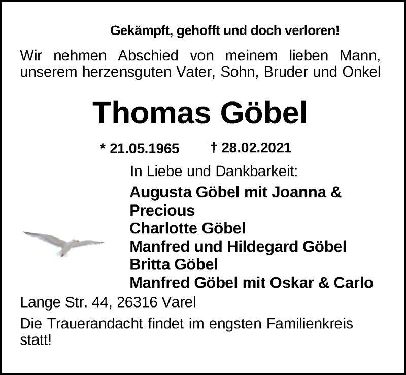  Traueranzeige für Thomas Göbel vom 03.03.2021 aus Nordwest-Zeitung