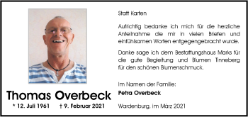 Traueranzeige von Thomas Overbeck von Nordwest-Zeitung