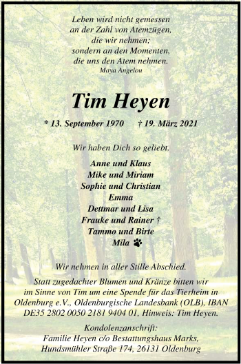 Traueranzeige von Tim Heyen von Nordwest-Zeitung