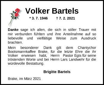Traueranzeige von Volker Bartels von Nordwest-Zeitung