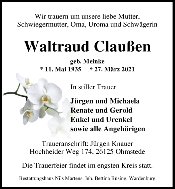 Traueranzeige von Waltraud Claußen von Nordwest-Zeitung