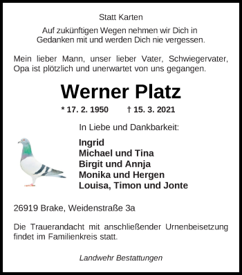 Traueranzeige von Werner Platz von Nordwest-Zeitung