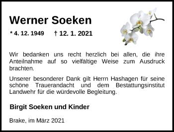 Traueranzeige von Werner Soeken von Nordwest-Zeitung