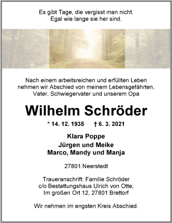 Traueranzeige von Wilhelm Schröder von Nordwest-Zeitung