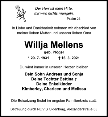 Traueranzeige von Willja Mellens von Nordwest-Zeitung