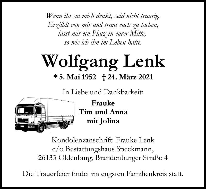  Traueranzeige für Wolfgang Lenk vom 27.03.2021 aus Nordwest-Zeitung
