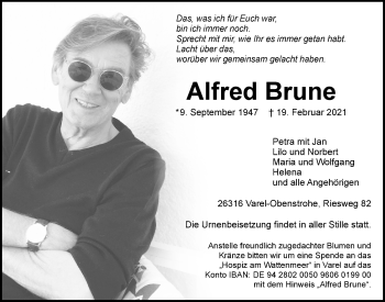 Traueranzeige von Alfred Brune von Nordwest-Zeitung