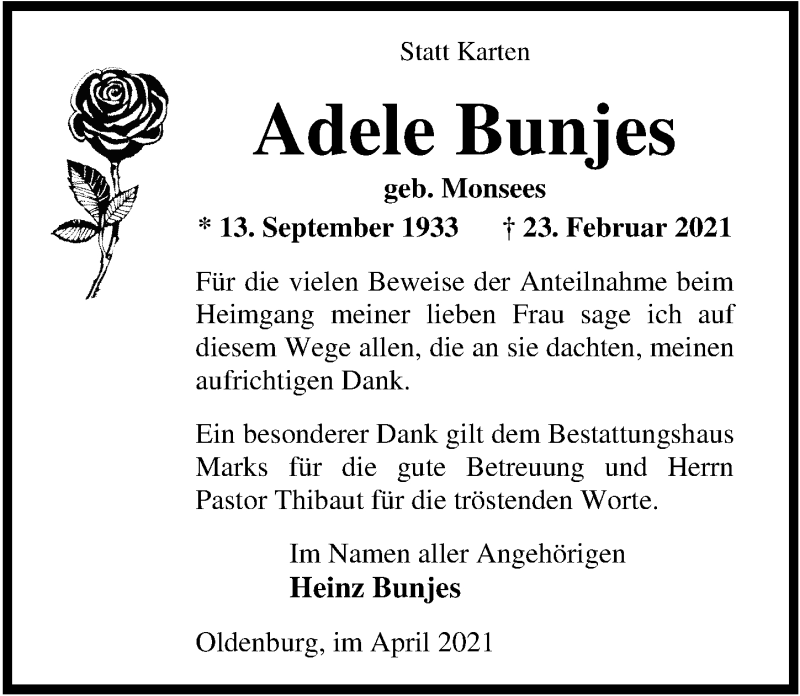  Traueranzeige für Adele Bunjes vom 17.04.2021 aus Nordwest-Zeitung