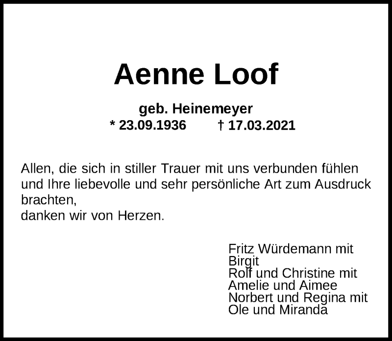  Traueranzeige für Aenne Loof vom 24.04.2021 aus Nordwest-Zeitung