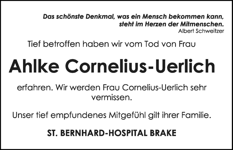  Traueranzeige für Ahlke Cornelius-Uerlich vom 30.04.2021 aus Nordwest-Zeitung
