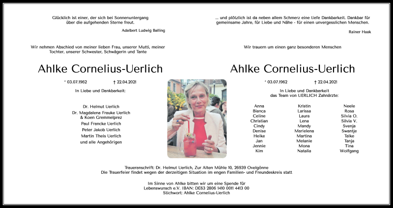  Traueranzeige für Ahlke Cornelius-Uerlich vom 27.04.2021 aus Nordwest-Zeitung