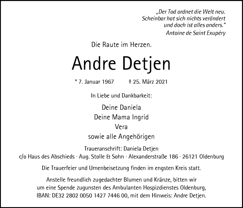  Traueranzeige für Andre Detjen vom 03.04.2021 aus Nordwest-Zeitung