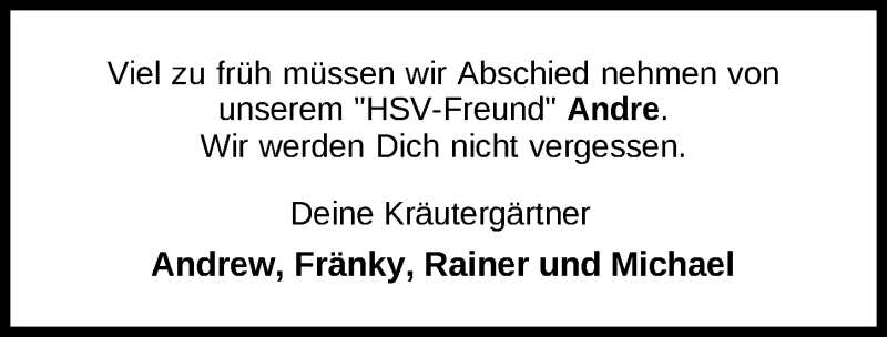  Traueranzeige für Andre Detjen vom 03.04.2021 aus Nordwest-Zeitung