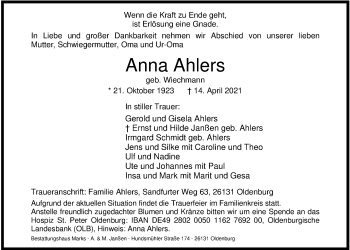 Traueranzeige von Anna Ahlers von Nordwest-Zeitung