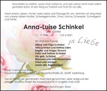 Traueranzeige von Anne-Luise Schinkel von Nordwest-Zeitung