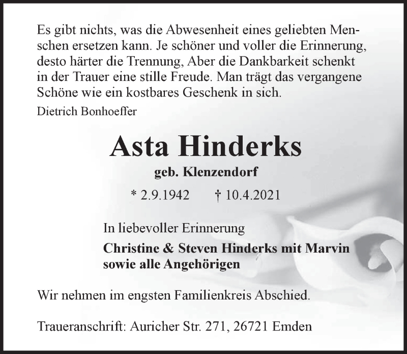  Traueranzeige für Asta Hinderks vom 17.04.2021 aus Emder Zeitung