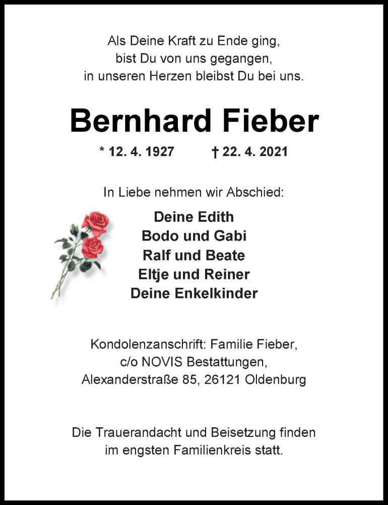  Traueranzeige für Bernard Fieber vom 27.04.2021 aus Nordwest-Zeitung