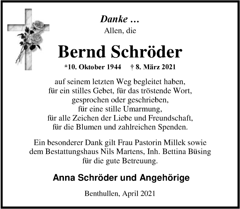  Traueranzeige für Bernd Schröder vom 17.04.2021 aus Nordwest-Zeitung