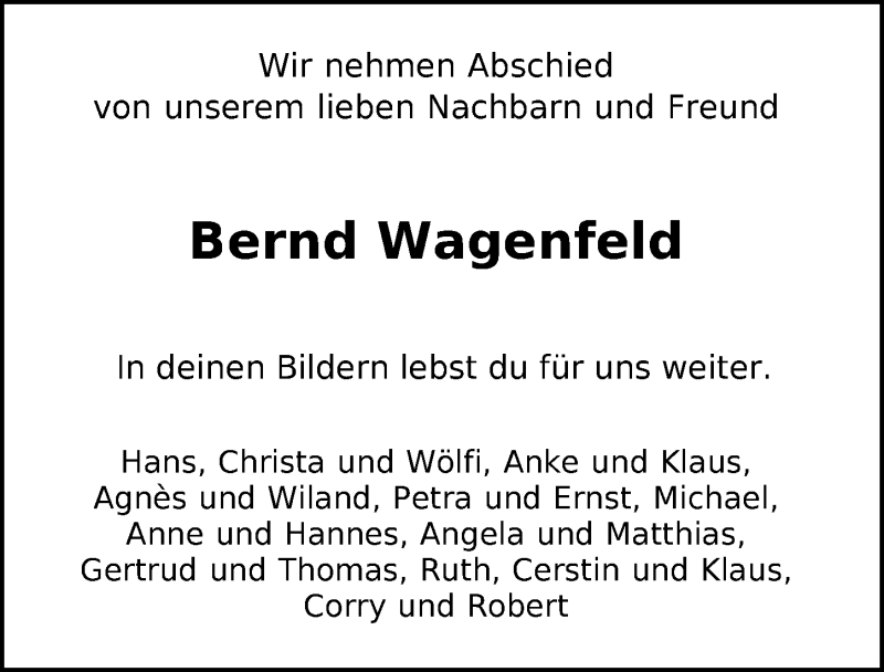  Traueranzeige für Bernd Wagenfeld vom 17.04.2021 aus Nordwest-Zeitung
