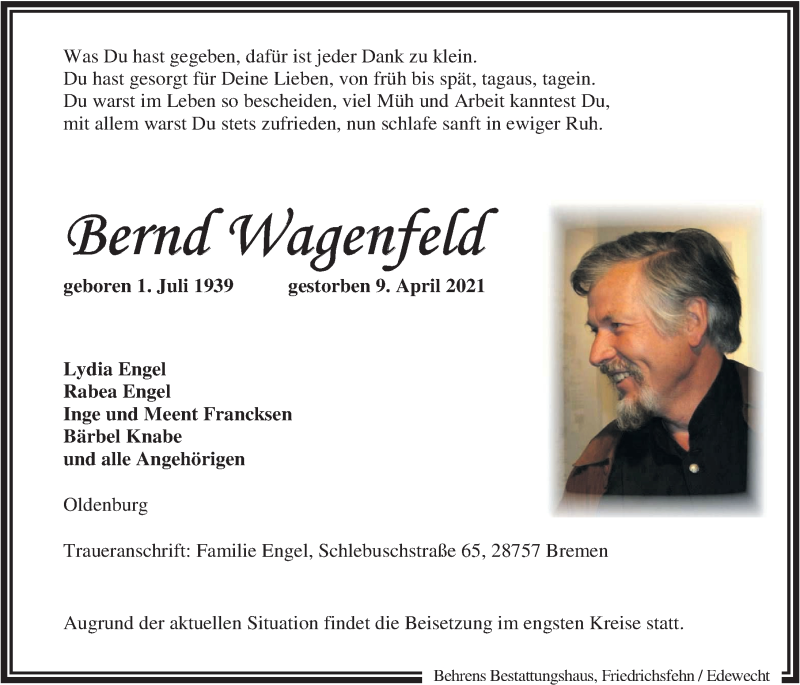  Traueranzeige für Bernd Wagenfeld vom 17.04.2021 aus Nordwest-Zeitung