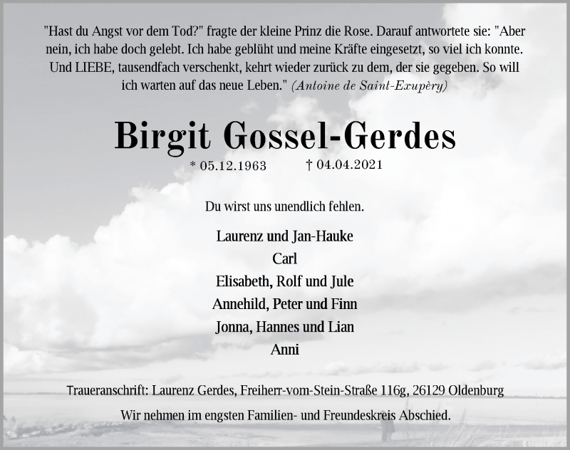  Traueranzeige für Birgit Gossel-Gerdes vom 10.04.2021 aus Nordwest-Zeitung