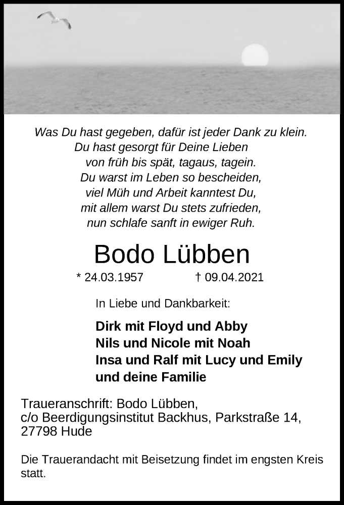  Traueranzeige für Bodo Lübben vom 13.04.2021 aus Nordwest-Zeitung