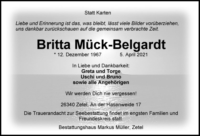  Traueranzeige für Britta Mück-Belgardt vom 07.04.2021 aus Nordwest-Zeitung