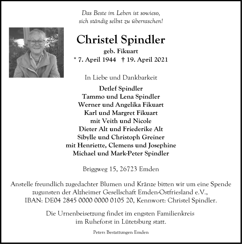  Traueranzeige für Christel Spindler vom 24.04.2021 aus Emder Zeitung