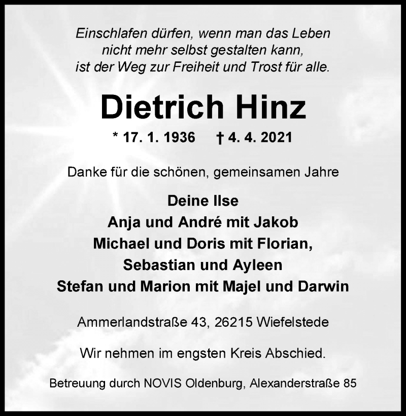  Traueranzeige für Dietrich Hinz vom 10.04.2021 aus Nordwest-Zeitung