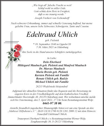 Traueranzeige von Edeltraud Uhlich von Nordwest-Zeitung