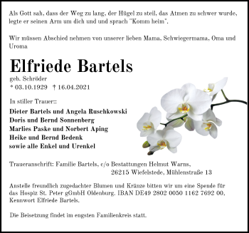 Traueranzeige von Elfriede Bartels von Nordwest-Zeitung