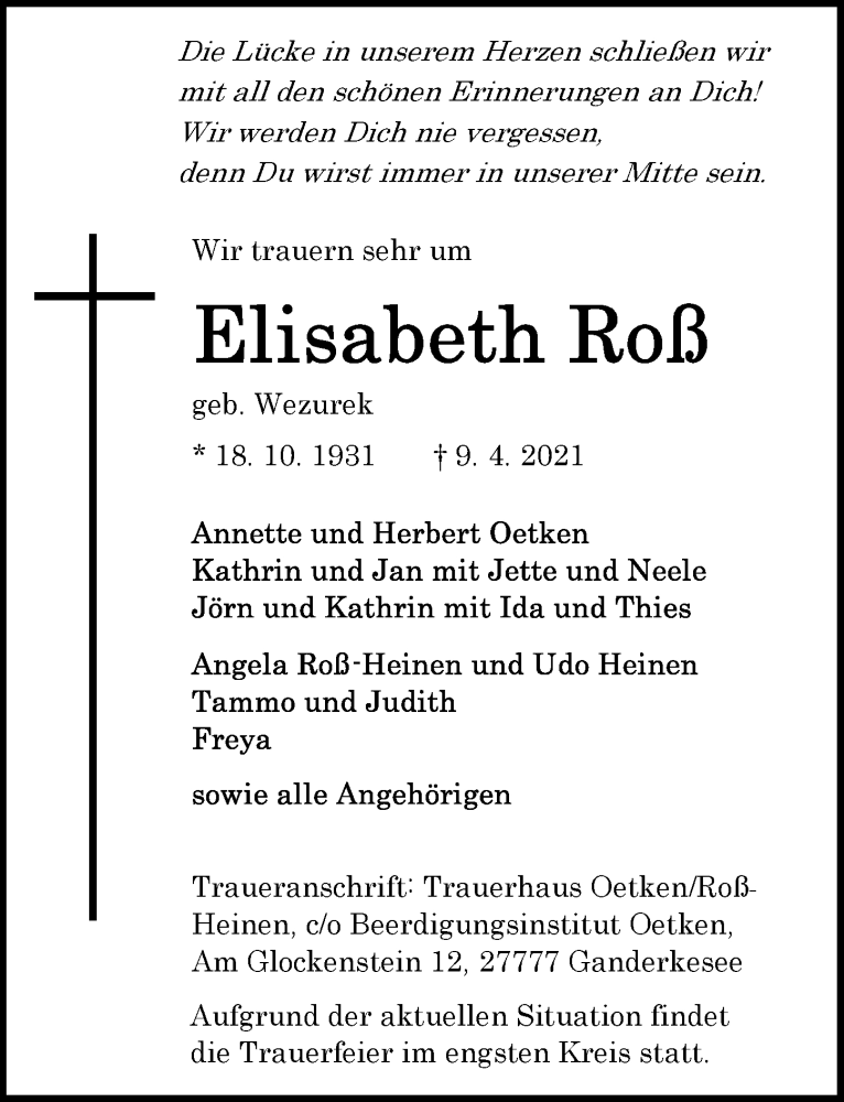 Traueranzeigen von Elisabeth Roß | nordwest-trauer.de