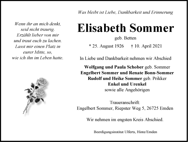  Traueranzeige für Elisabeth Sommer vom 17.04.2021 aus Emder Zeitung