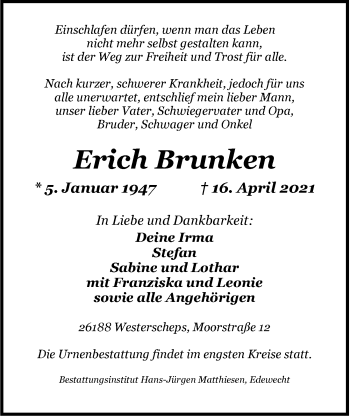 Traueranzeige von Erich Brunken von Nordwest-Zeitung