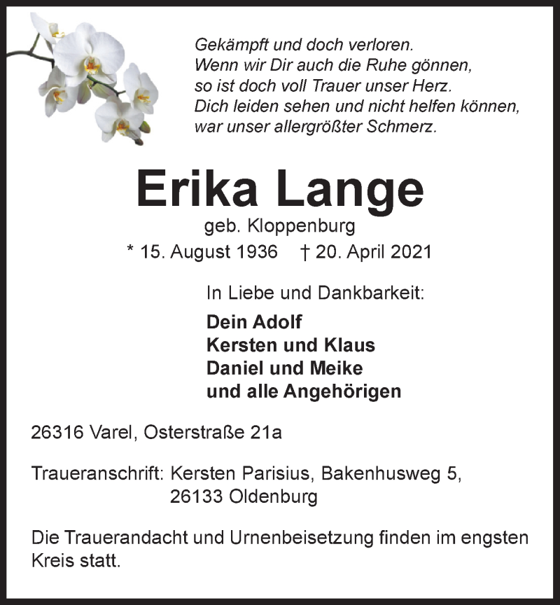  Traueranzeige für Erika Lange vom 27.04.2021 aus Nordwest-Zeitung