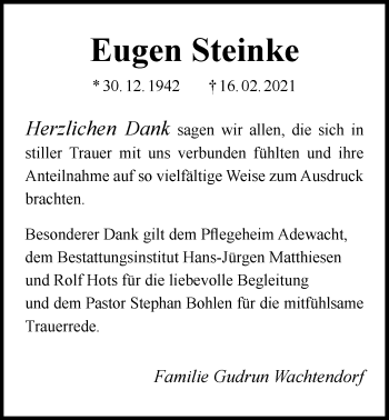Traueranzeige von Eugen Steinke von Nordwest-Zeitung