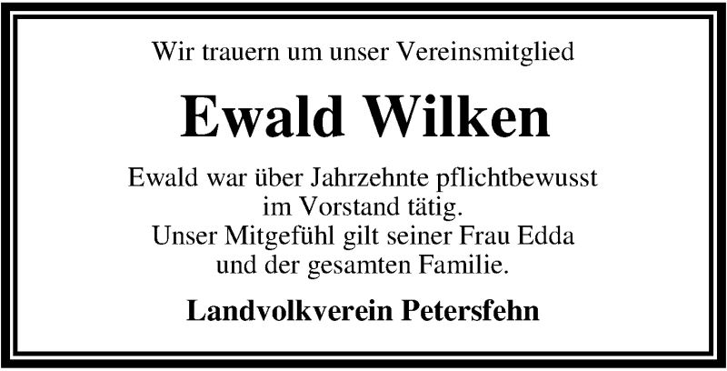  Traueranzeige für Ewald Wilken vom 19.04.2021 aus Nordwest-Zeitung