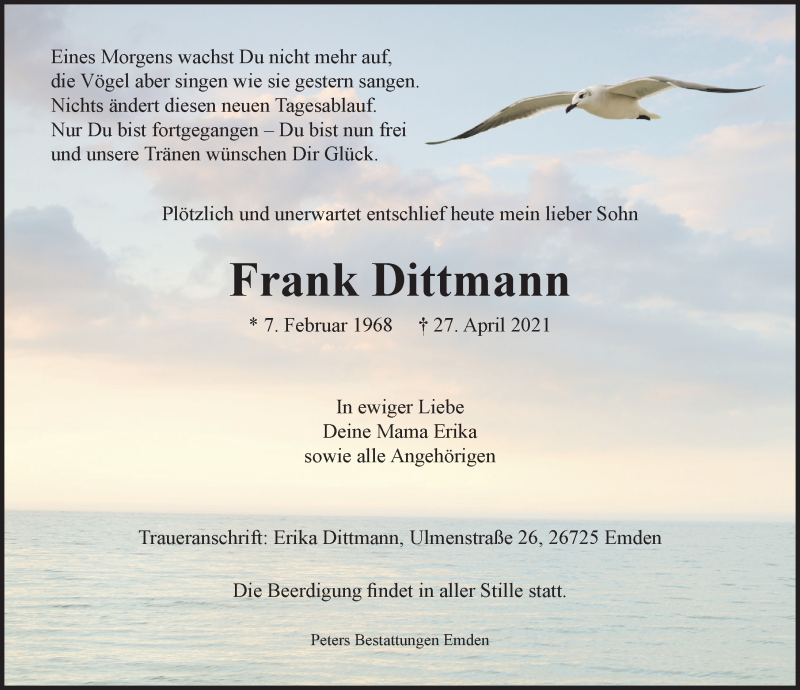  Traueranzeige für Frank Dittmann vom 30.04.2021 aus Emder Zeitung