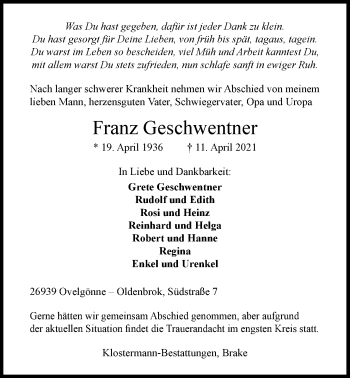 Traueranzeige von Franz Geschwentner von Nordwest-Zeitung